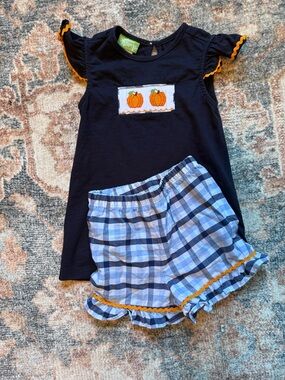 Navy Girls Pumpkin Applique Top with Blue Plaid Shorts 5